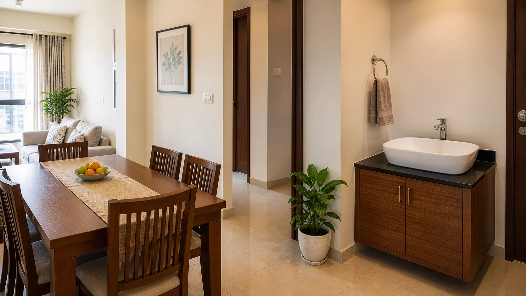 Realistic Indian apartment dining area with a clean side-wall handwash basin and clear walkway