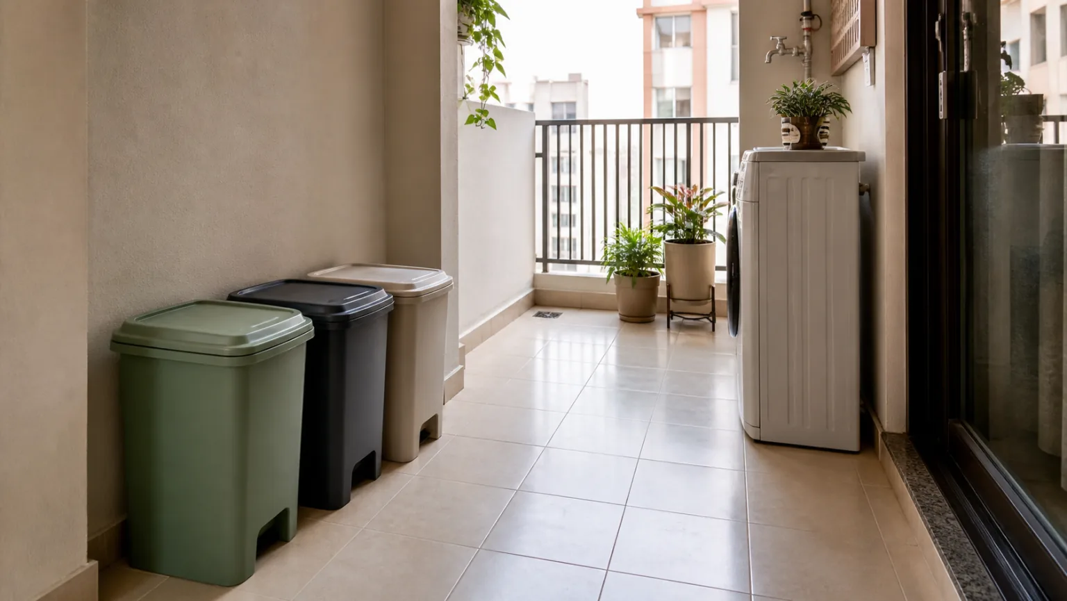 Balcony utility area with organized bins, clear floor space, plants, and ventilation