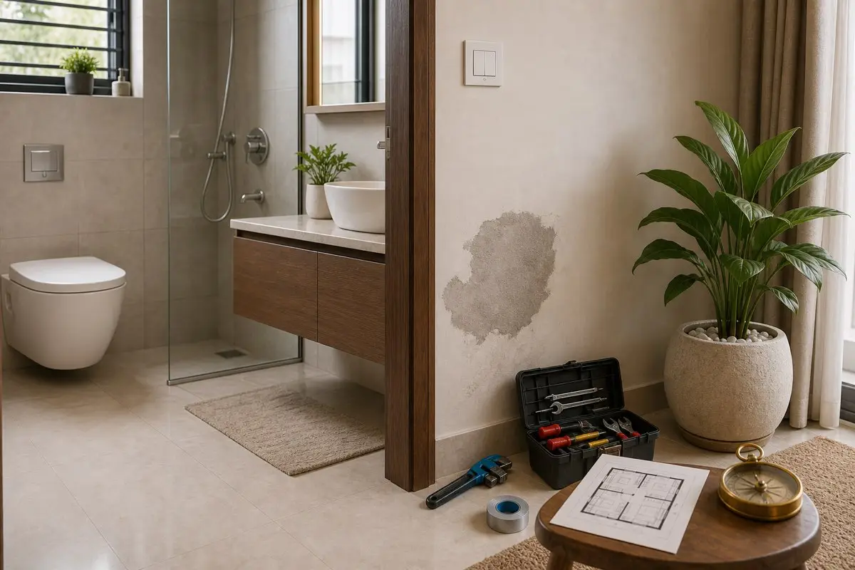 Modern Indian bathroom with dry floor repaired damp patch ventilation floor plan and compass