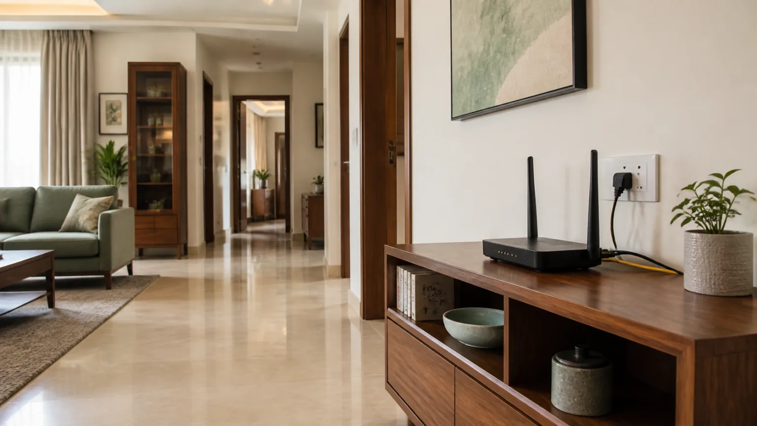Realistic Indian apartment with Wi-Fi router elevated on an open central console