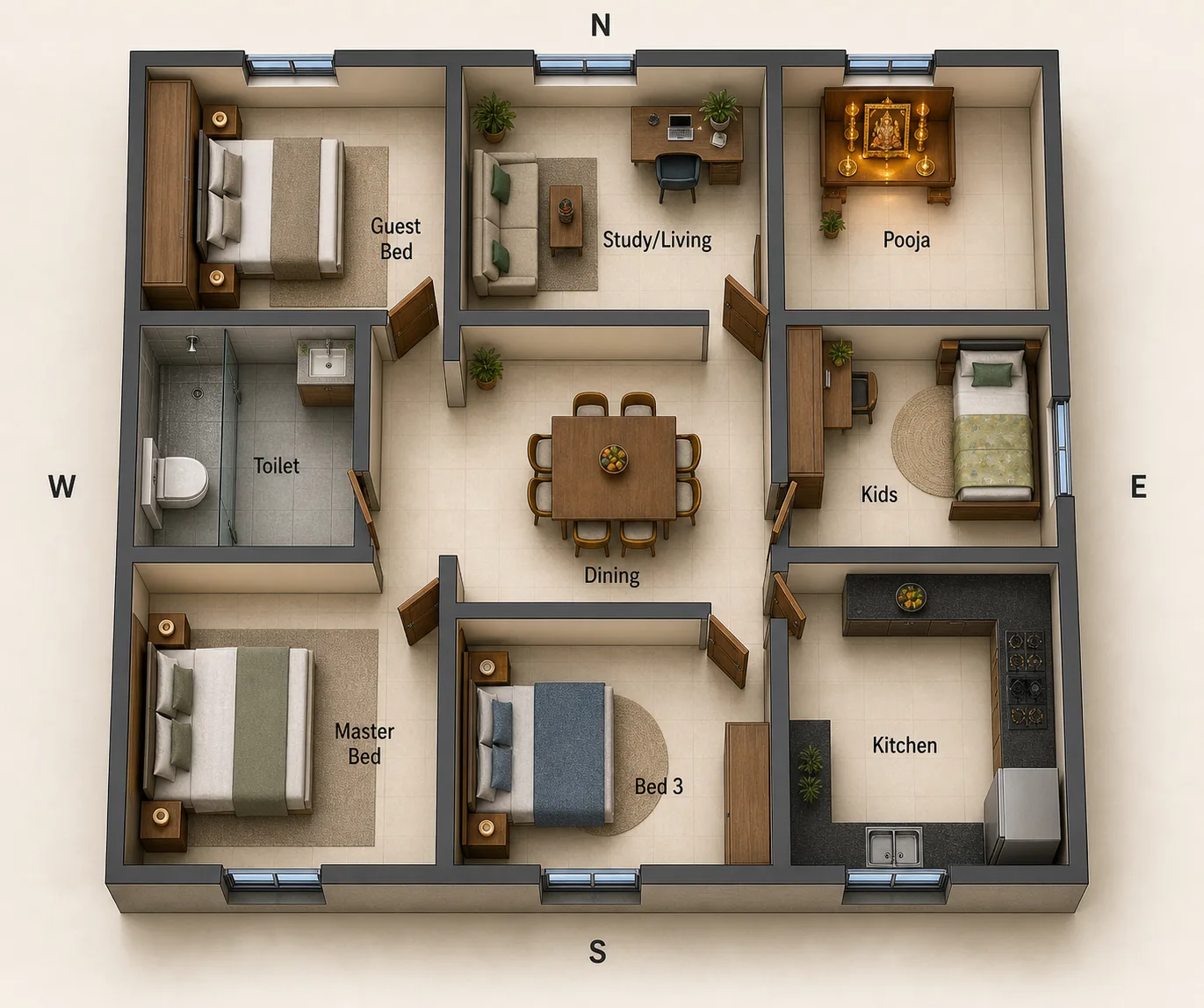Realistic 3 by 3 Vastu floor plan for a 3 bedroom house with guest bed in north-west, study living in north, pooja in north-east, toilet in west, dining in centre, kids room in east, master bed in south-west, third bedroom in south, and kitchen in south-east