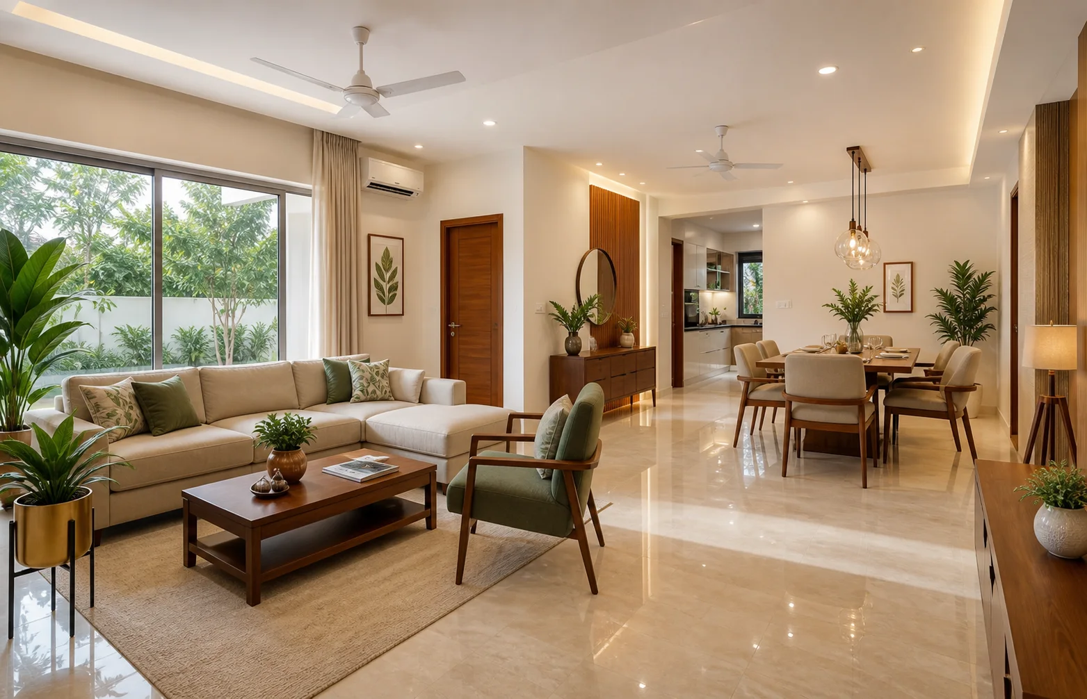 Modern Indian home interior with open living and dining area, natural light, organized furniture, neutral colours and clear movement flow
