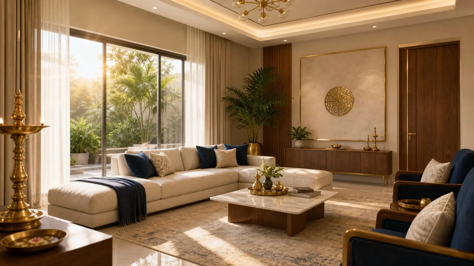 Realistic Indian L-shaped living room with sofa, natural light, plants, dining corner and warm modern apartment styling