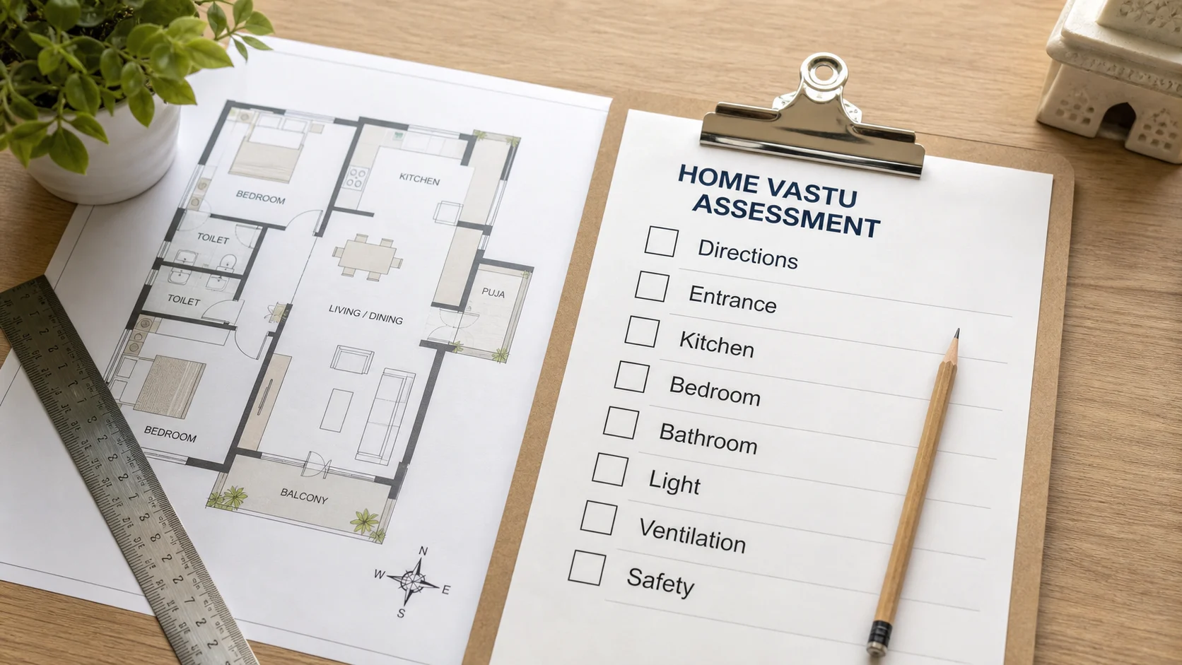 Realistic home Vastu assessment checklist beside a modern floor plan